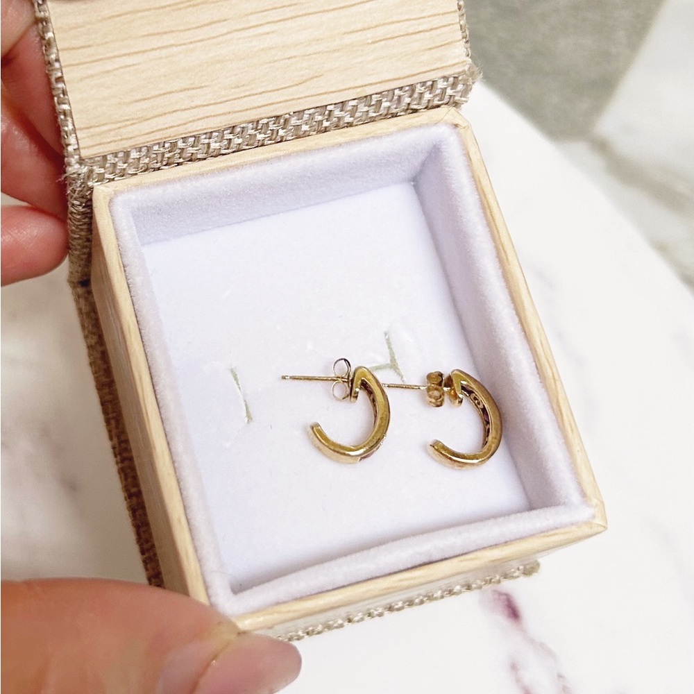 10k Solid Gold Ruby & Diamond J Style Huggie Earr… - image 7